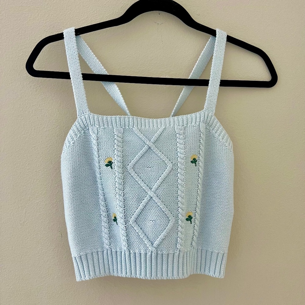 Wild Fable Baby Blue Crochet Tank Top With Flower Embroidery